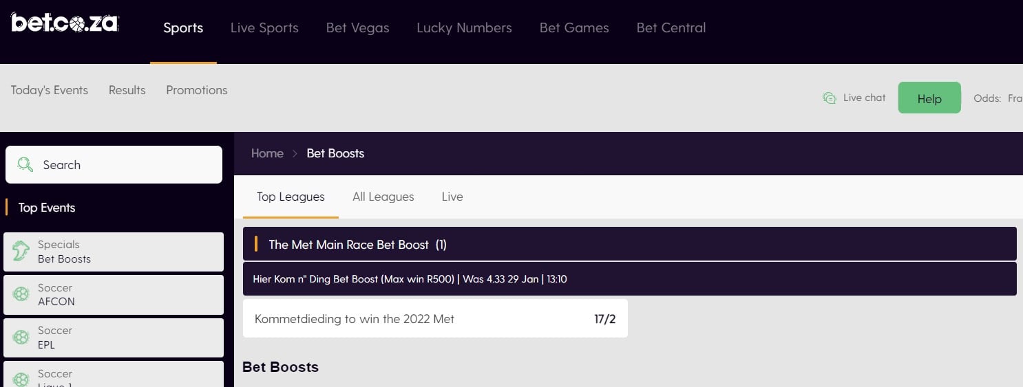 bet.co.za Kommetdieding price boost